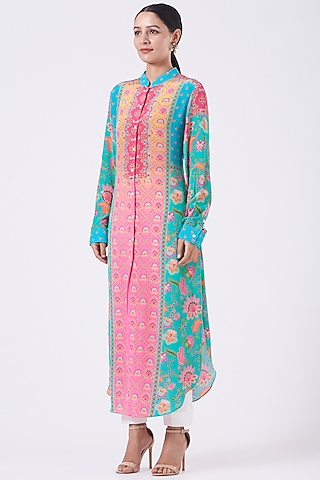 Sea Green & Blush Pink Paneled Shirt Tunic by SIDDHARTHA BANSAL