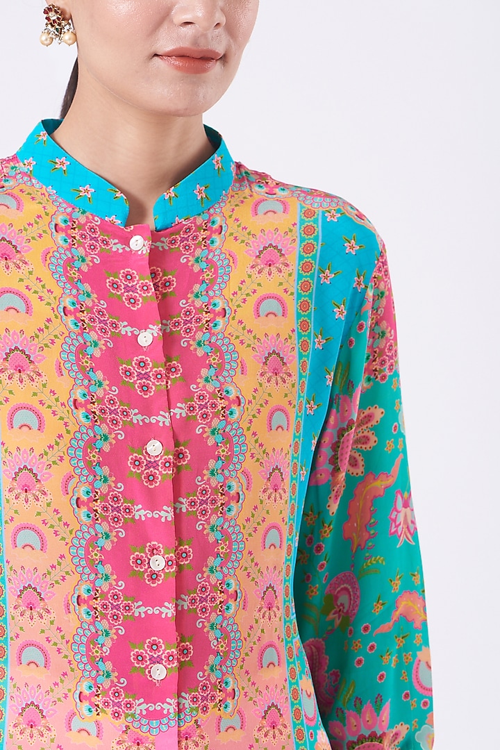 Sea Green & Blush Pink Paneled Shirt Tunic by SIDDHARTHA BANSAL at Pernia's Pop Up Shop