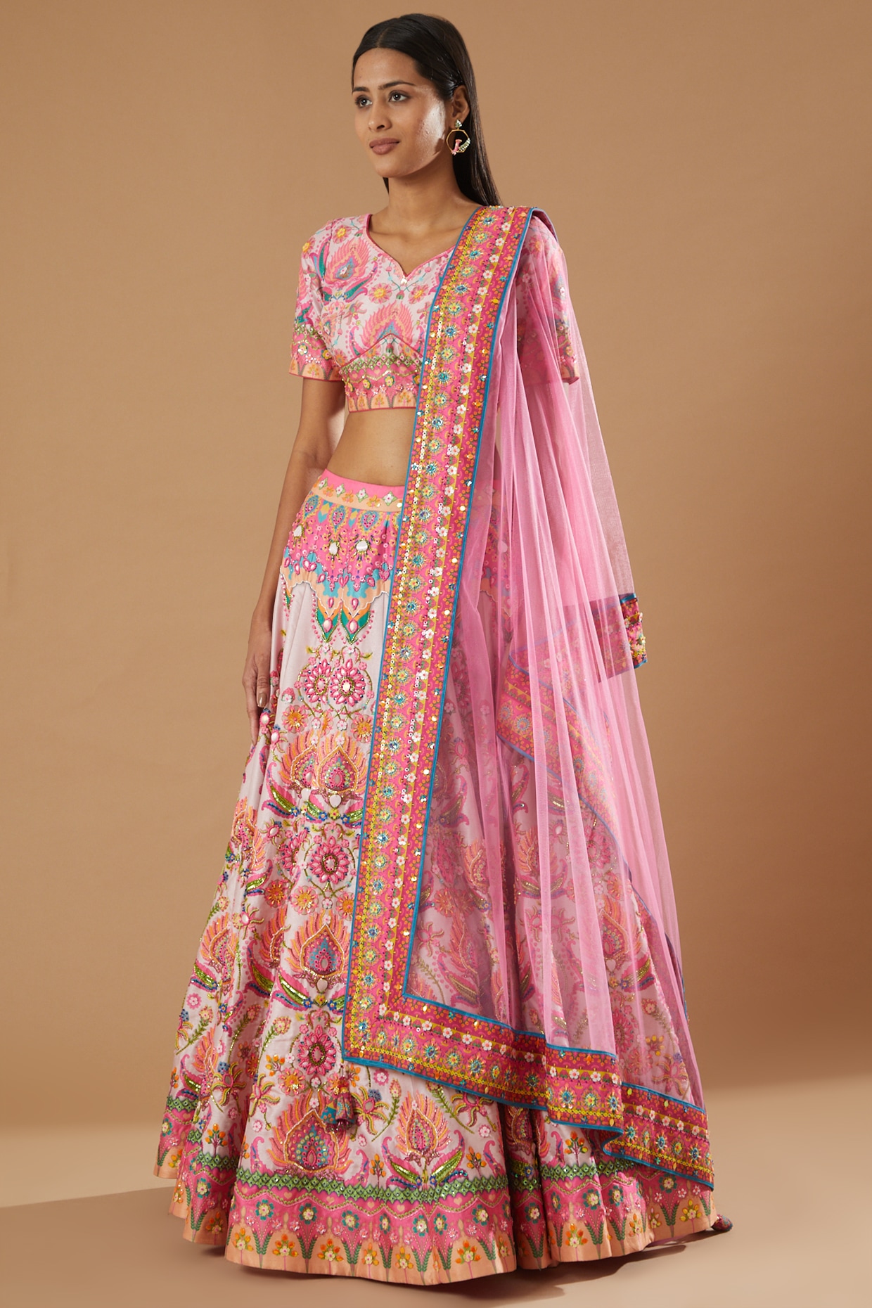 Buy Dusty Pink Gota Embroidered Silk Mehendi Lehenga with Bandhani Printed  Dupatta Online | Samyakk