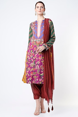 Multi-Colored Chanderi Printed Kurta Set by SIDDHARTHA BANSAL
