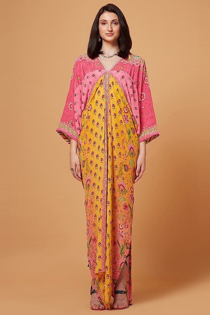 Yellow & Pink Floral Printed Kaftan by SIDDHARTHA BANSAL