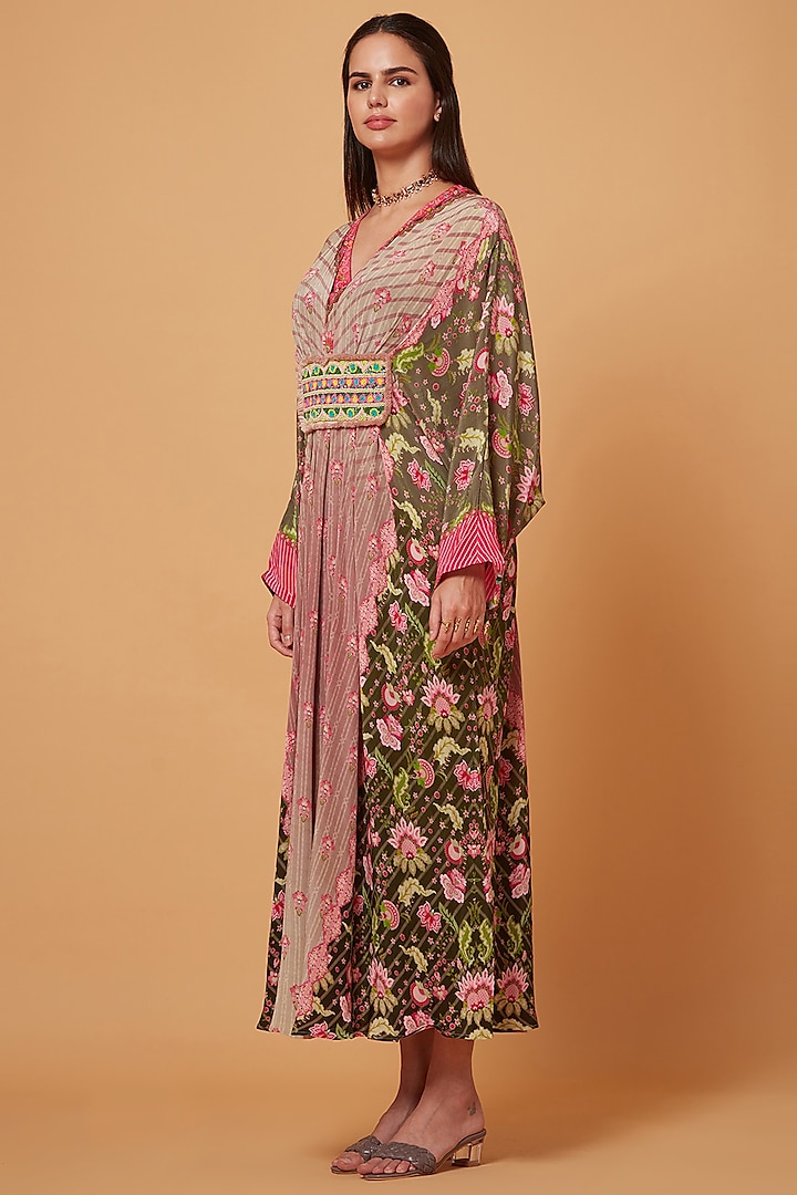 Green & Powder Pink Floral Printed Pleated Kaftan by SIDDHARTHA BANSAL