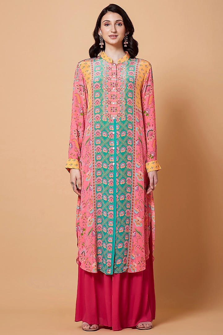Blush Pink & Turquoise Floral Printed Tunic by SIDDHARTHA BANSAL