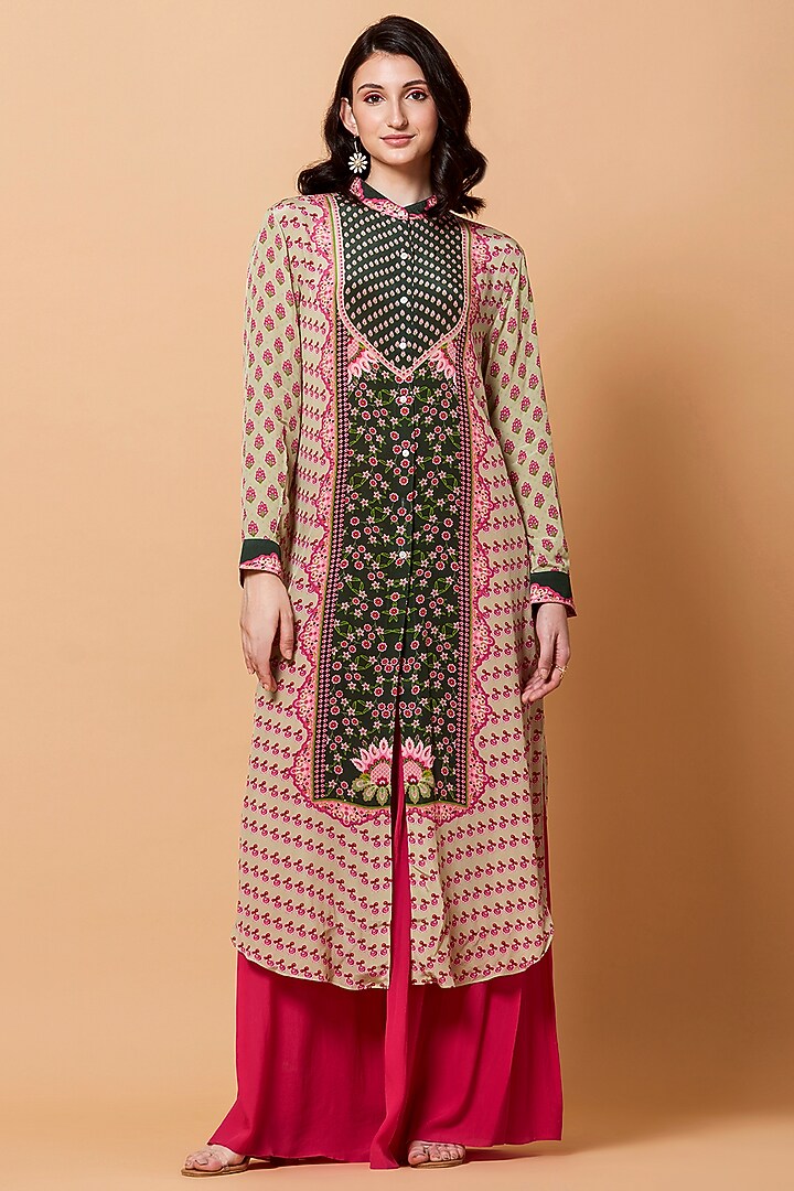Cream & Bottle Green Floral Printed Tunic by SIDDHARTHA BANSAL at Pernia's Pop Up Shop