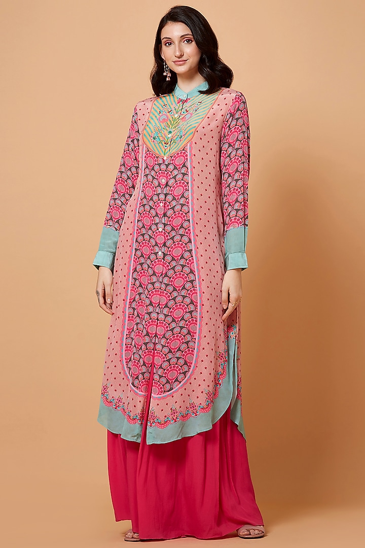 Raspberry Pink Floral Printed Tunic by SIDDHARTHA BANSAL