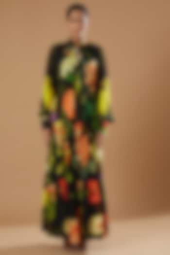 Black Digital Printed Tiered Dress by SIDDHARTHA BANSAL