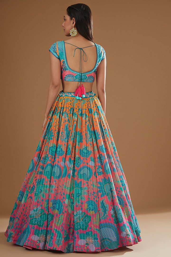 Salmon Apricot Ombre Printed Sequins Georgette Wedding Lehenga Set by SIDDHARTHA BANSAL at Pernia's Pop Up Shop