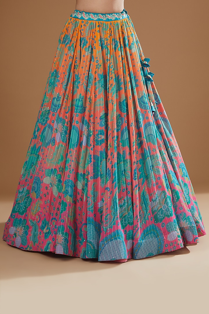 Salmon Apricot Ombre Printed Sequins Georgette Wedding Lehenga Set by SIDDHARTHA BANSAL at Pernia's Pop Up Shop