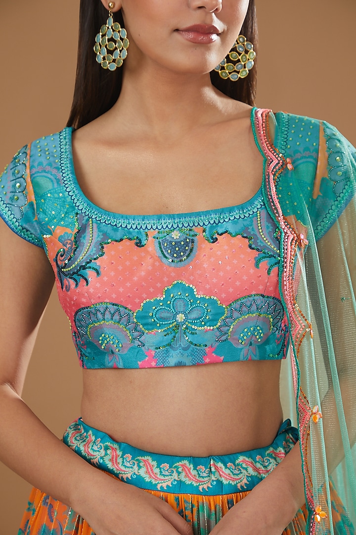 Salmon Apricot Ombre Printed Sequins Georgette Wedding Lehenga Set by SIDDHARTHA BANSAL at Pernia's Pop Up Shop