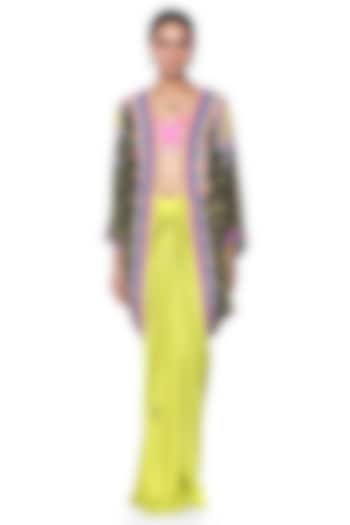 Neon Pop Green Pure Satin Draped Skirt Set by SIDDHARTHA BANSAL