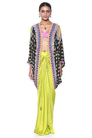 Neon Pop Green Pure Satin Draped Skirt Set by SIDDHARTHA BANSAL