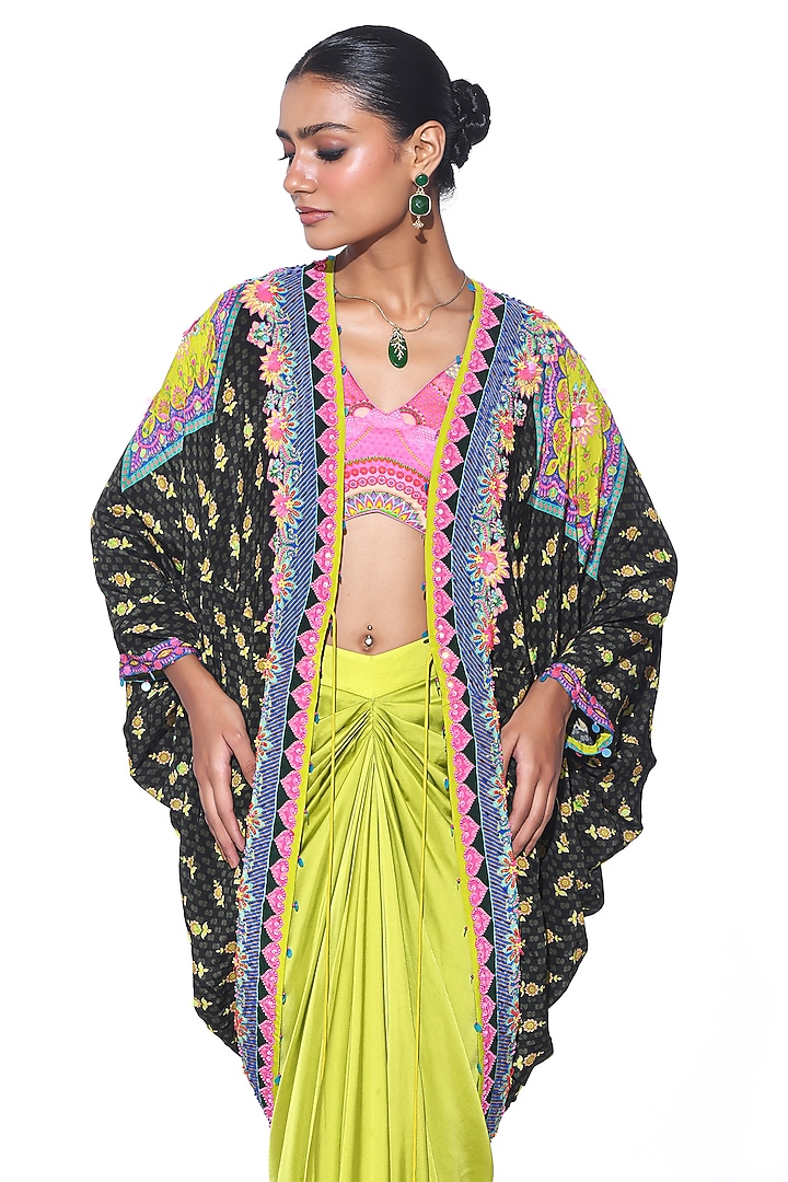 Neon Pop Green Pure Satin Draped Skirt Set by SIDDHARTHA BANSAL at Pernia's Pop Up Shop