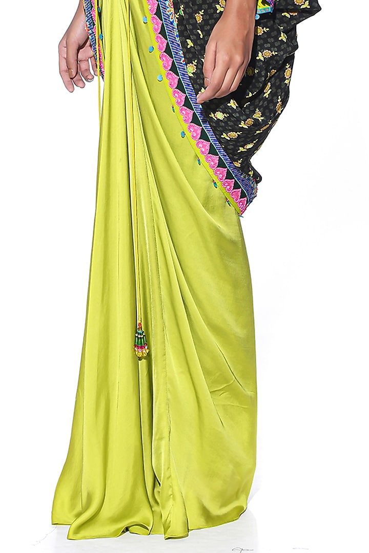 Neon Pop Green Pure Satin Draped Skirt Set by SIDDHARTHA BANSAL at Pernia's Pop Up Shop