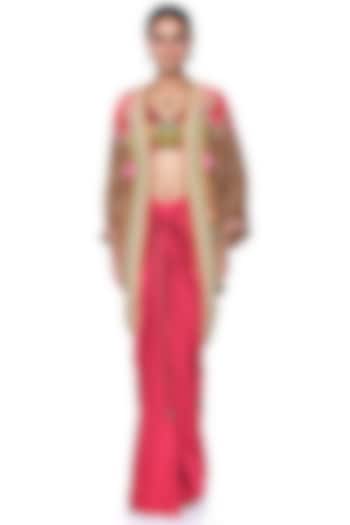 Red Pure Satin Draped Skirt Set by SIDDHARTHA BANSAL