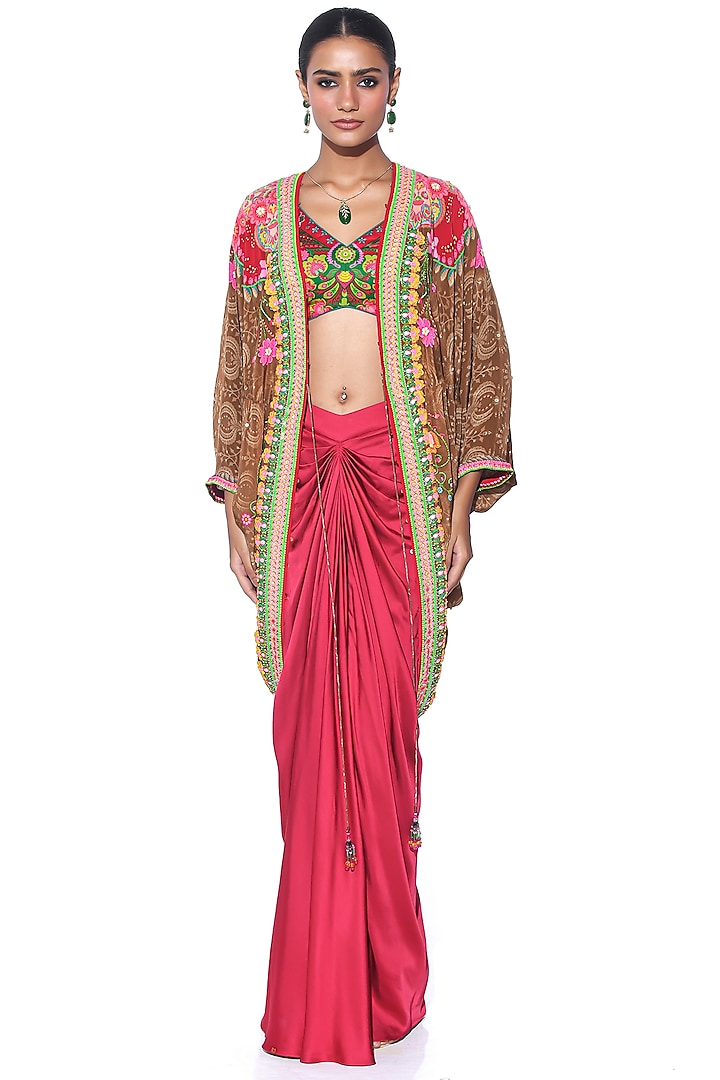 Red Pure Satin Draped Skirt Set by SIDDHARTHA BANSAL
