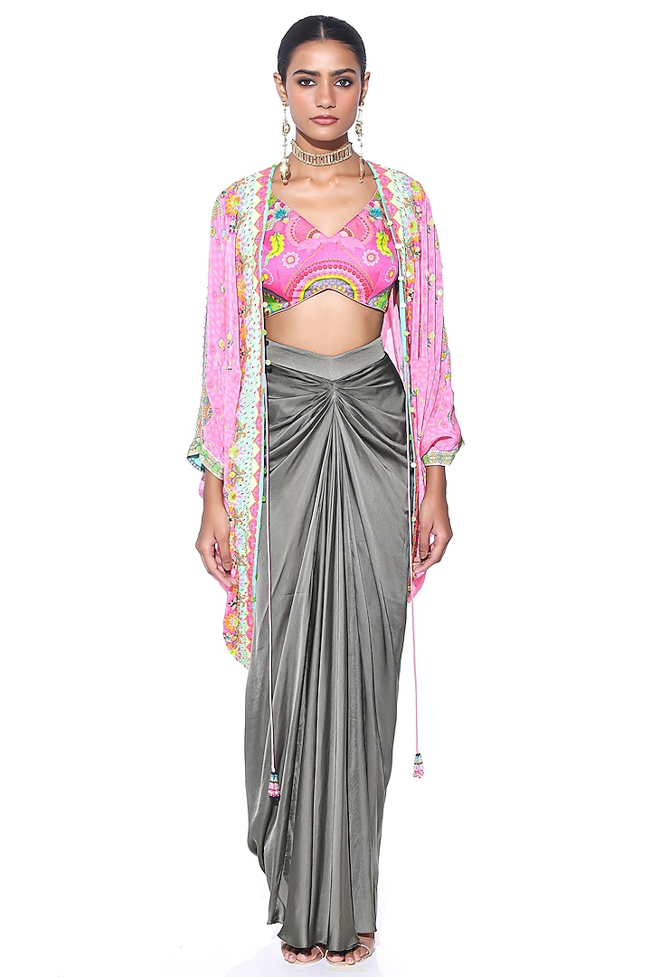 Grey Pure Satin Draped Skirt Set by SIDDHARTHA BANSAL