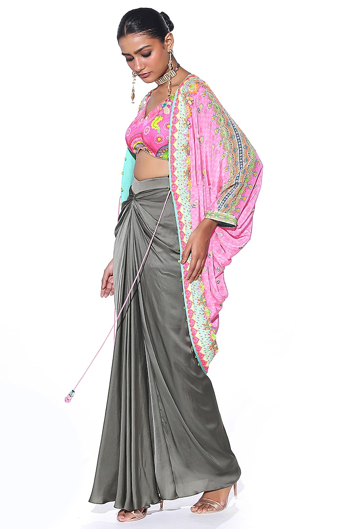 Grey Pure Satin Draped Skirt Set by SIDDHARTHA BANSAL at Pernia's Pop Up Shop