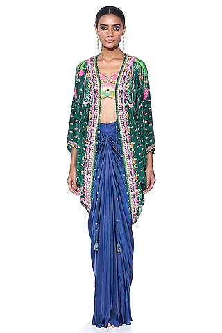 Oriental Blue Pure Satin Draped Skirt Set by SIDDHARTHA BANSAL