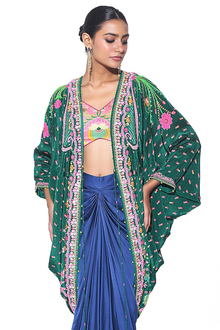 Oriental Blue Pure Satin Draped Skirt Set by SIDDHARTHA BANSAL at Pernia's Pop Up Shop