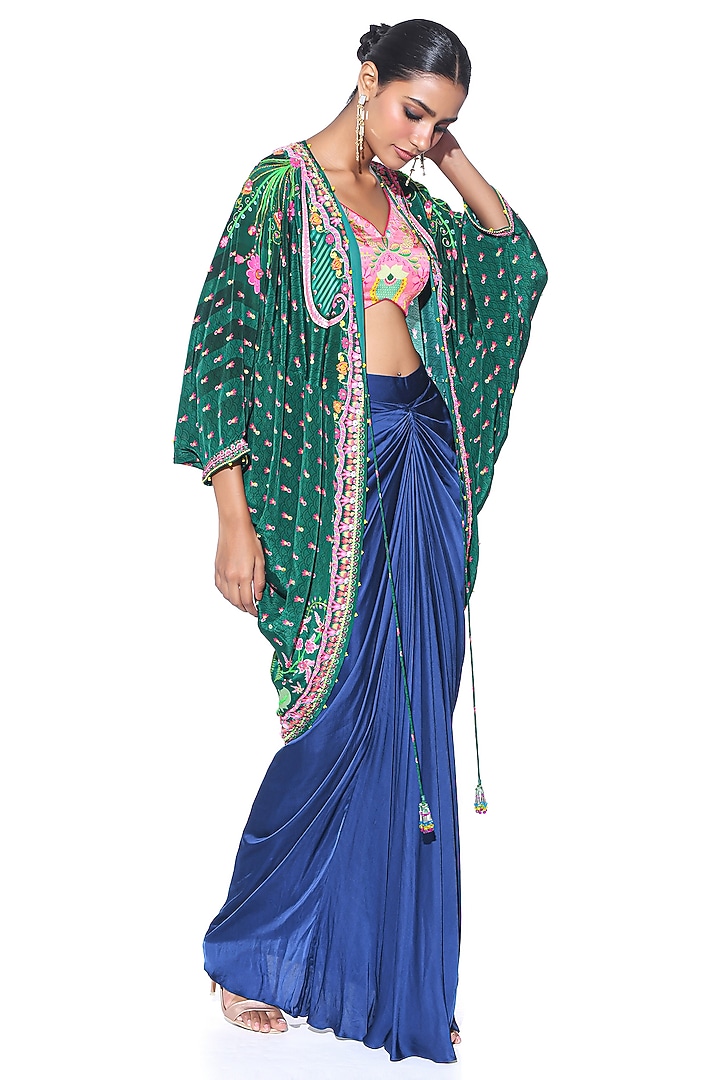 Oriental Blue Pure Satin Draped Skirt Set by SIDDHARTHA BANSAL at Pernia's Pop Up Shop