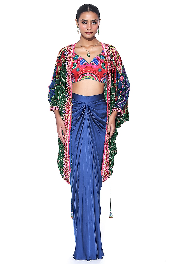 Oriental Blue Pure Satin Draped Skirt Set by SIDDHARTHA BANSAL