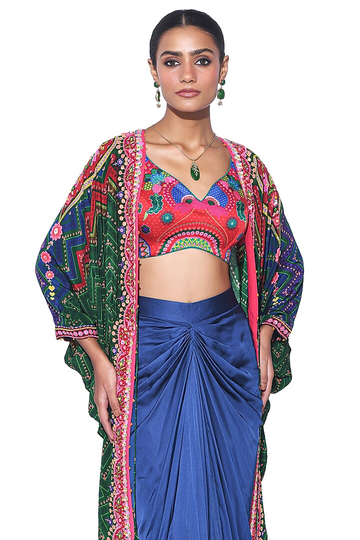 Oriental Blue Pure Satin Draped Skirt Set by SIDDHARTHA BANSAL at Pernia's Pop Up Shop