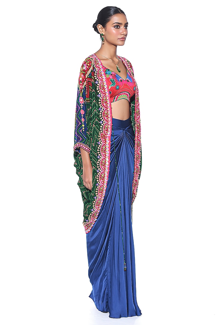 Oriental Blue Pure Satin Draped Skirt Set by SIDDHARTHA BANSAL at Pernia's Pop Up Shop