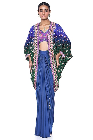 Oriental Blue Pure Satin Draped Skirt Set by SIDDHARTHA BANSAL