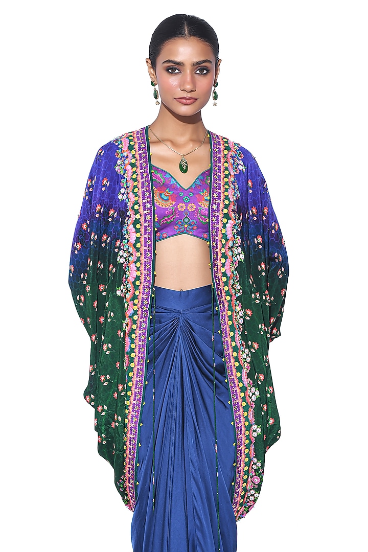 Oriental Blue Pure Satin Draped Skirt Set by SIDDHARTHA BANSAL at Pernia's Pop Up Shop