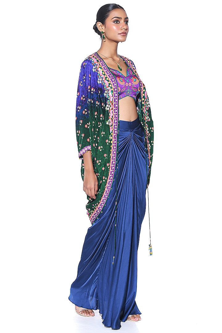Oriental Blue Pure Satin Draped Skirt Set by SIDDHARTHA BANSAL at Pernia's Pop Up Shop