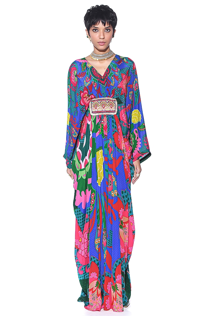 Electric Blue Pure Crepe Hand Embroidered Kaftan by SIDDHARTHA BANSAL at Pernia's Pop Up Shop