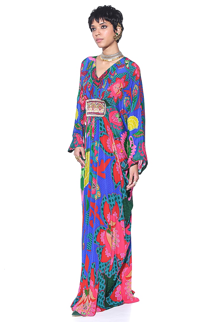 Electric Blue Pure Crepe Hand Embroidered Kaftan by SIDDHARTHA BANSAL at Pernia's Pop Up Shop