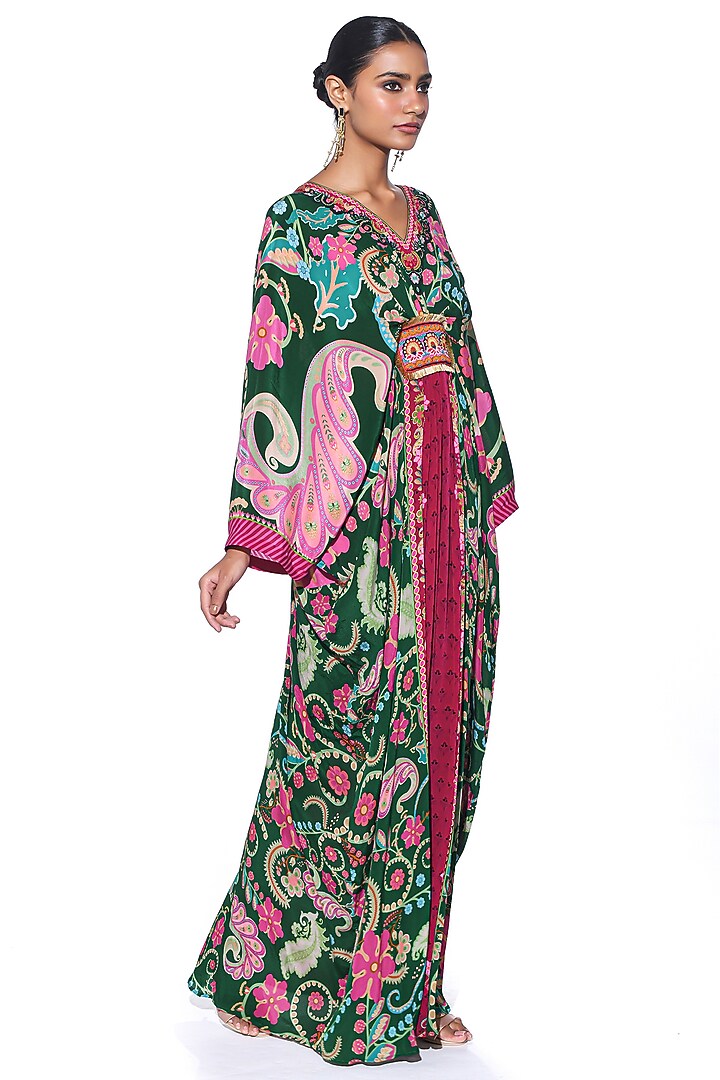 Emerald Pure Crepe Paisley Printed Pleated Kaftan by SIDDHARTHA BANSAL at Pernia's Pop Up Shop