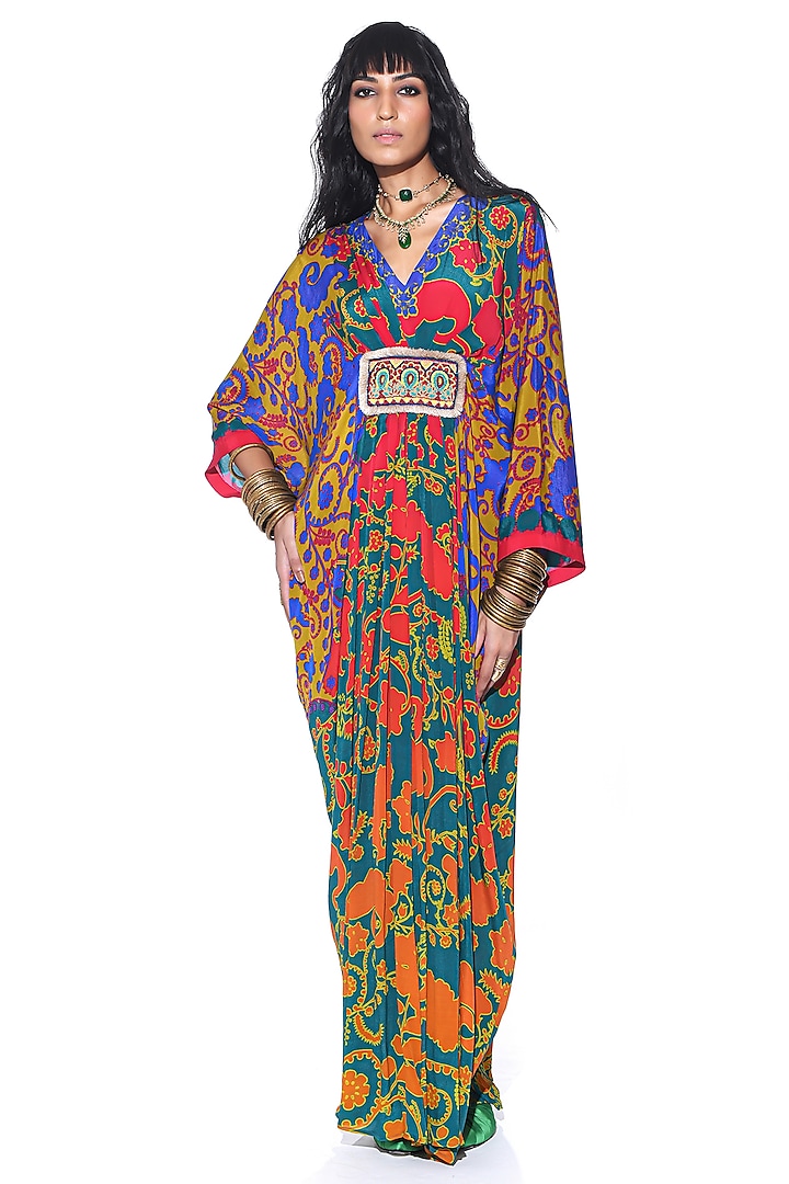 Orange & Green Pure Crepe Paisley Printed Pleated Kaftan by SIDDHARTHA BANSAL at Pernia's Pop Up Shop