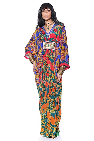 Orange & Green Pure Crepe Paisley Printed Pleated Kaftan by SIDDHARTHA BANSAL