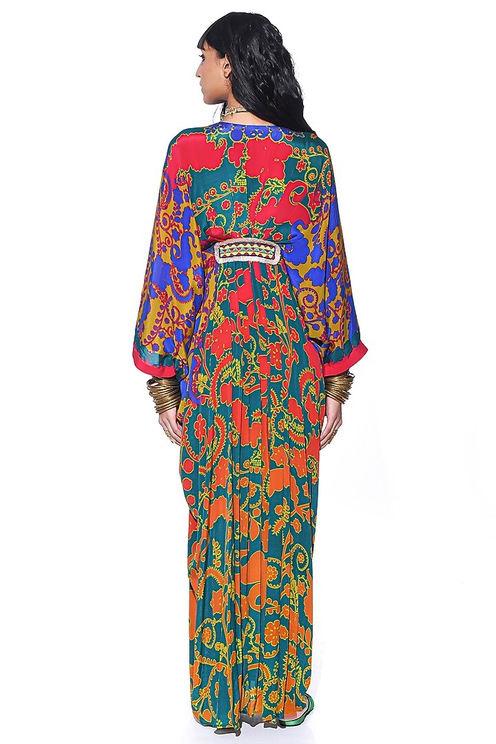 Orange & Green Pure Crepe Paisley Printed Pleated Kaftan by SIDDHARTHA BANSAL at Pernia's Pop Up Shop