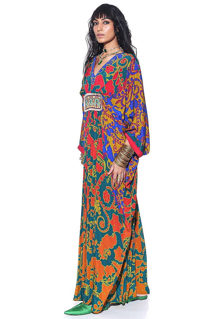 Orange & Green Pure Crepe Paisley Printed Pleated Kaftan by SIDDHARTHA BANSAL at Pernia's Pop Up Shop