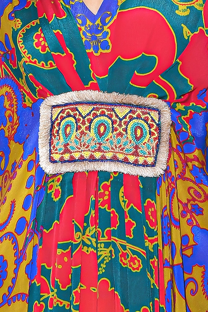 Orange & Green Pure Crepe Paisley Printed Pleated Kaftan by SIDDHARTHA BANSAL at Pernia's Pop Up Shop