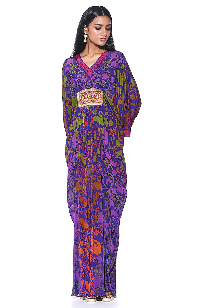 Royal Blue Crepe Paisley Printed & Hand Embroidered Pleated Kaftan by SIDDHARTHA BANSAL at Pernia's Pop Up Shop