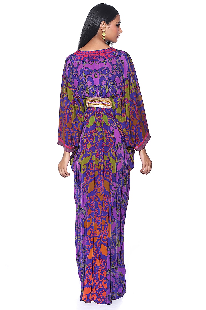 Royal Blue Crepe Paisley Printed & Hand Embroidered Pleated Kaftan by SIDDHARTHA BANSAL at Pernia's Pop Up Shop