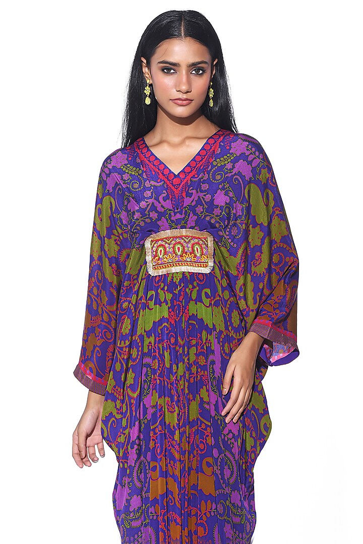 Royal Blue Crepe Paisley Printed & Hand Embroidered Pleated Kaftan by SIDDHARTHA BANSAL at Pernia's Pop Up Shop