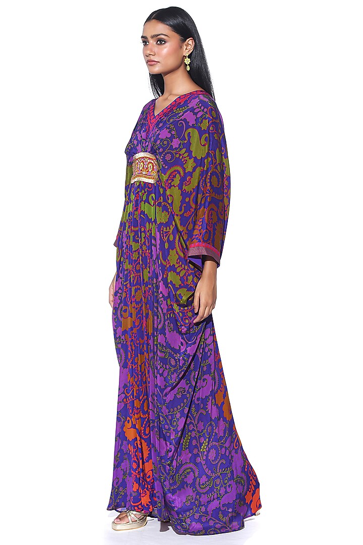 Royal Blue Crepe Paisley Printed & Hand Embroidered Pleated Kaftan by SIDDHARTHA BANSAL at Pernia's Pop Up Shop