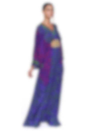 Violet & Neon Green Crepe Paisley Printed & Hand Embroidered Pleated Kaftan by SIDDHARTHA BANSAL at Pernia's Pop Up Shop