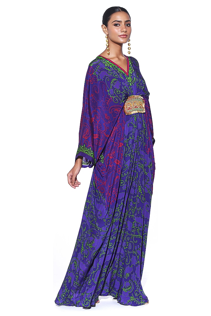 Violet & Neon Green Crepe Paisley Printed & Hand Embroidered Pleated Kaftan by SIDDHARTHA BANSAL at Pernia's Pop Up Shop