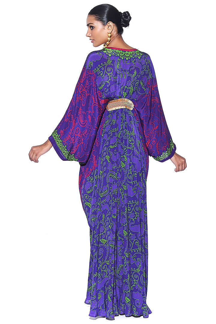 Violet & Neon Green Crepe Paisley Printed & Hand Embroidered Pleated Kaftan by SIDDHARTHA BANSAL at Pernia's Pop Up Shop