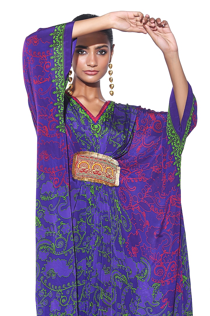 Violet & Neon Green Crepe Paisley Printed & Hand Embroidered Pleated Kaftan by SIDDHARTHA BANSAL at Pernia's Pop Up Shop