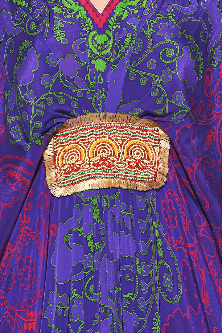 Violet & Neon Green Crepe Paisley Printed & Hand Embroidered Pleated Kaftan by SIDDHARTHA BANSAL at Pernia's Pop Up Shop