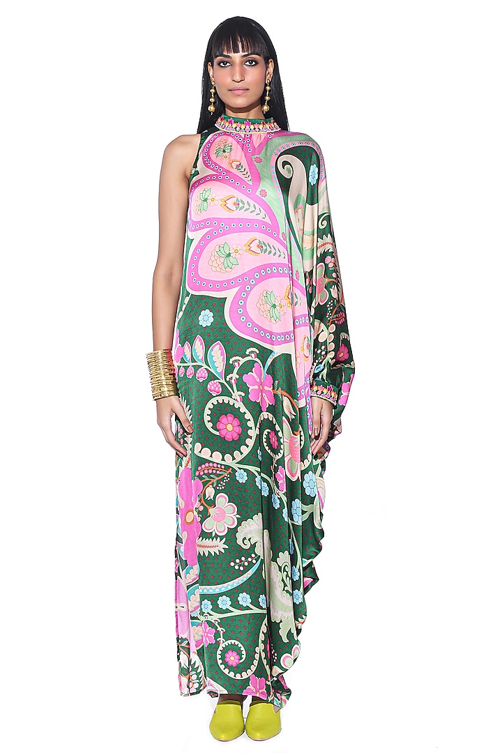 Emerald Satin Paisley Printed Oversized One-Shoulder Dress by SIDDHARTHA BANSAL