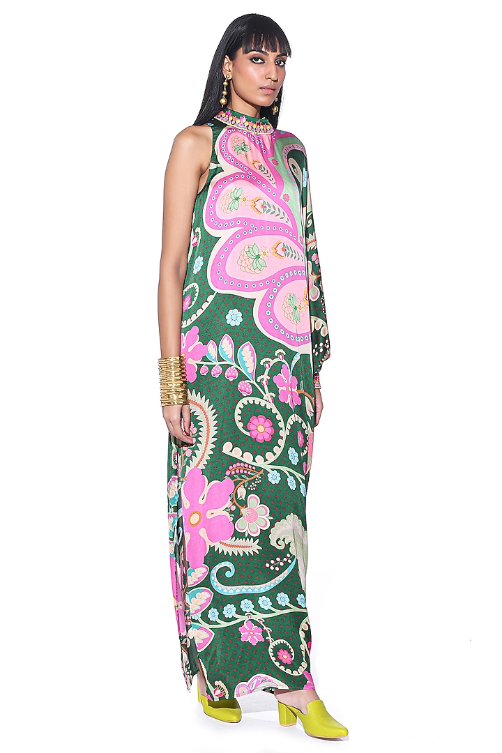 Emerald Satin Paisley Printed Oversized One-Shoulder Vacation Dress by SIDDHARTHA BANSAL at Pernia's Pop Up Shop