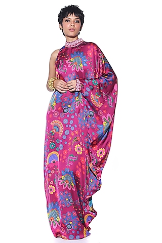 Crimson Cranberry Red Satin Paisley Printed Oversized One-Shoulder Dress by SIDDHARTHA BANSAL